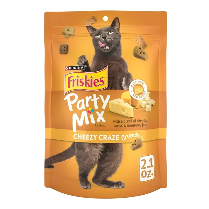 Purina Friskies Party Mix Cheesey Craze Chedder Swiss and Monterey Jack Crunchy Cat Treats – 2.1 Oz – Case of 10