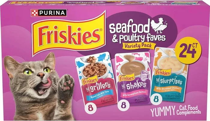 Purina Friskies Seafood and Poultry Faves Lil’ Bits Lil’ Shakes Lil’ Gravies Wet Cat Food or Toppers Pouch – Variety Pack – 24 Count