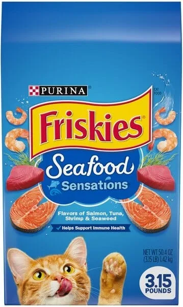Purina Friskies Seafood Sensations Salmon Tuna Shrimp and Seaweed Adult Dry Cat Food – 3.15 Lbs – Case of 4