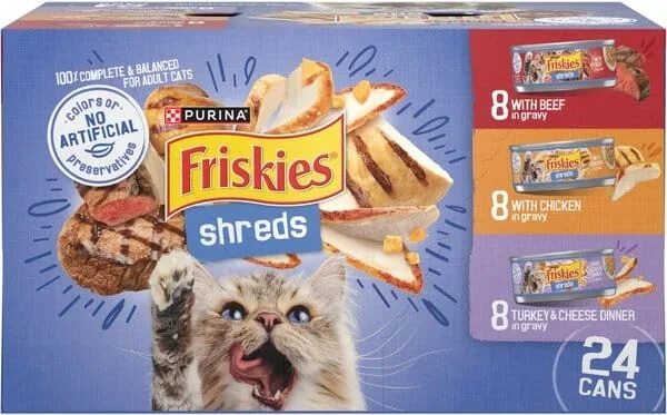 Purina Friskies Shreds Shredded Beef Chicken Turkey and Cheese in Gravy Canned Cat Food – Variety Pack – 5.5 Oz – 24 Count