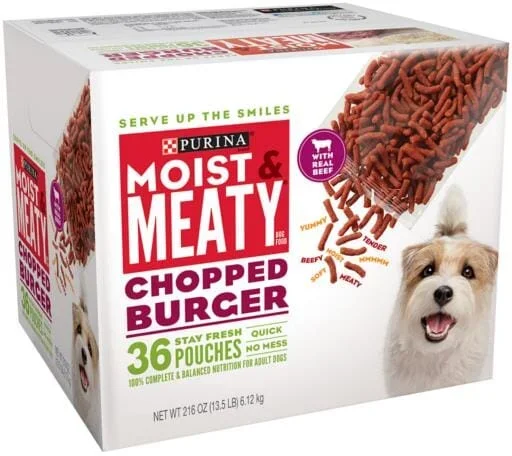 Purina Moist and Meaty Chopped Burger real Beef Dry Dog Food Pouches – 36 Pack – 216 Oz