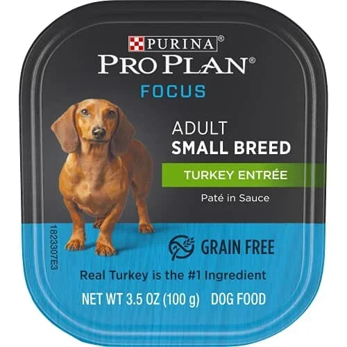 Purina Pro Plan Focus Grain-Free High-Protein Turkey Pate Entrée Small-Breed Adult Wet Dog Food Tray – 3.5 Oz – Case of 12