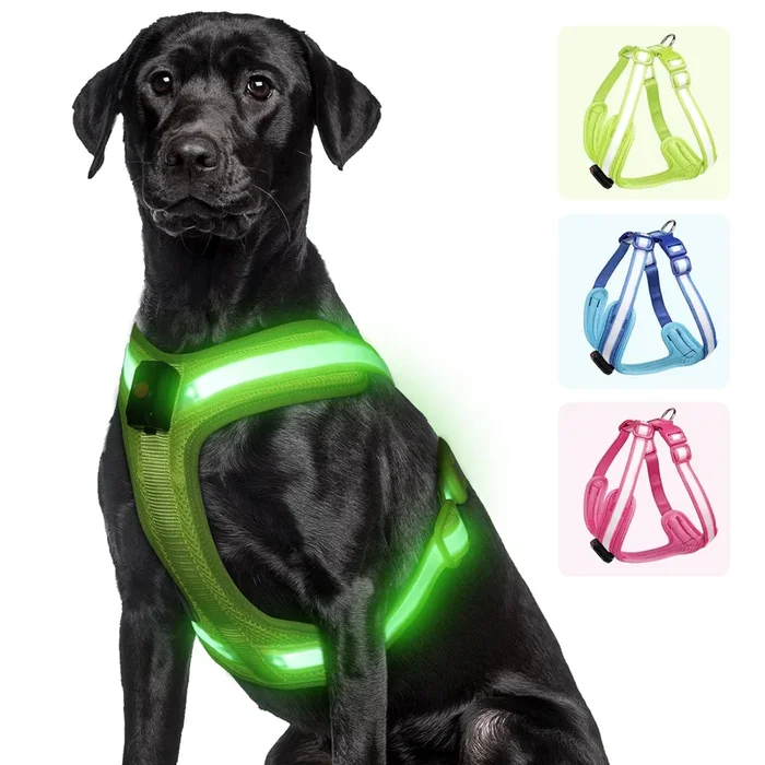 Pzrlit Light Up Dog Harness – Led Dog Harness Rechargeable, No Choke Illuminated Glow Dark Harness Vest Waterproof For Medium Large Dogs For Camping Night Safety Walking-Green,L