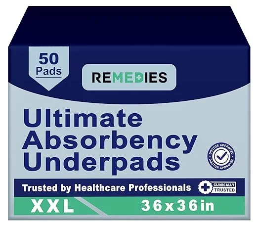 Remedies Extra Large Incontinence Bed Pads (36″ x 36″, 50 Count) – Super Absorbent Disposable Chux Underpads for Adults, Seniors, Kids, Puppies, Dogs & Furniture Protection