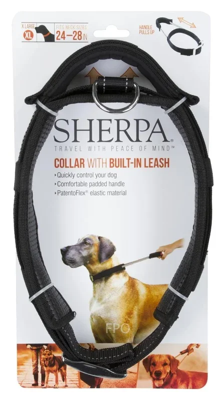Sherpa Dog Collar with Built-in Leash – Black – X-Large