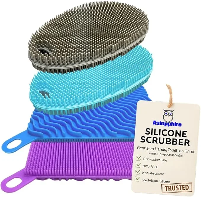 Silicone Sponges for Dishes – 4 Pack Dual-Sided Dish Scrubber and Sponge – Food Grade, BPA Free Silicone Dish Sponge & Housecleaning