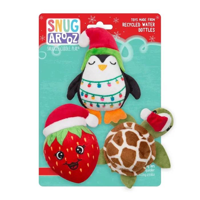 Snugarooz Holiday Shelldon Berry and Penguin Christmas Fun Pack Squeak and Crinkle Plush Dog Toys – 3 Pack