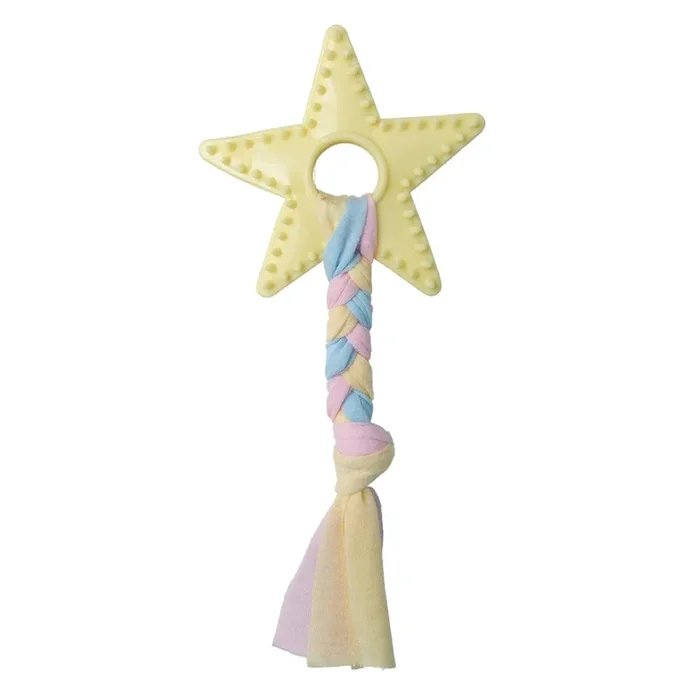Snugarooz Lil Star Dental Textured Rubber Chew and Rope Puppy Dog Toy – Yellow – 7″ Inches