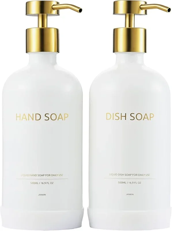Soap Dispenser Set with Non-Slip Protective Silicone Pad, Hand Soap Dispenser for Bathroom and Kitchen Decor, White and Gold Accessories (White Bottles + Gold Pumps)