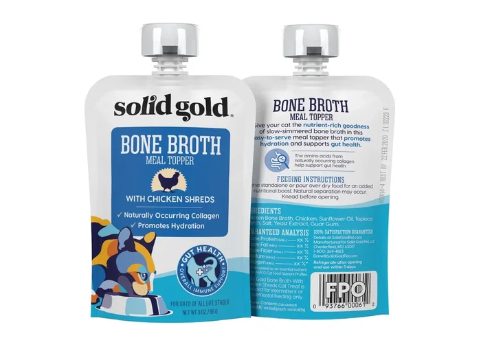 Solid Gold Bone Broth with Chicken Shreds Cat Food Meal Topper Pouch – 3 Oz – Case of 12