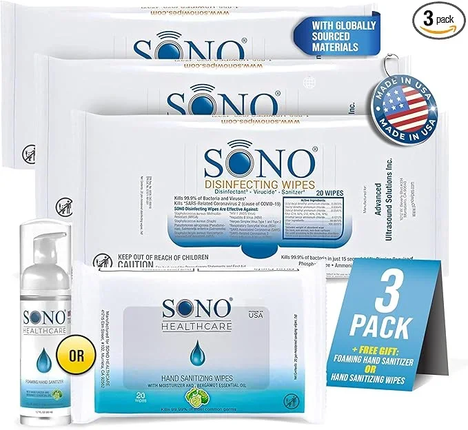 SONO Disinfecting Wipes – 60 Count (Pack of 3) + Sanitizer, Travel Size, Alcohol-Free, No Bleach, Medical-Grade, Multi-Surface Cleaning for School, Office, and On-The-Go