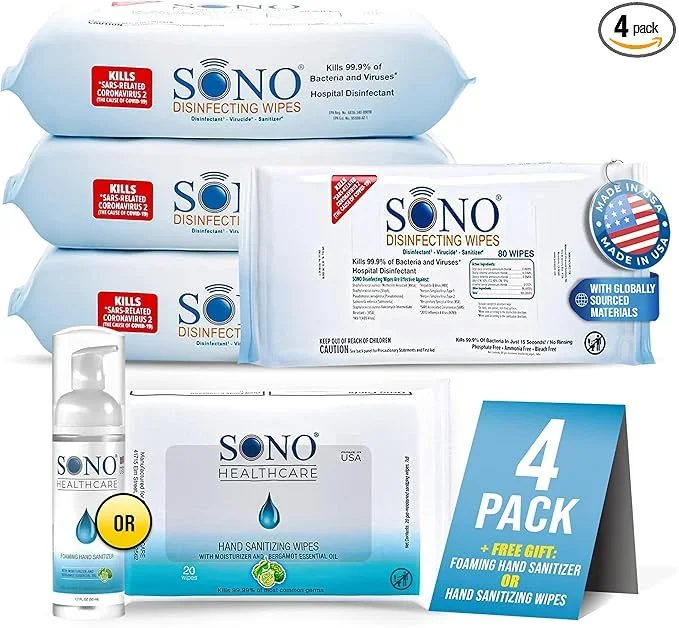 SONO Disinfecting Wipes – Antibacterial, No Alcohol & Bleach, Medical-Grade, All-Purpose – School, Household, Dorm, Salons, Spas, Wellness & Yoga Studios Cleaning Kit – 320 ct (pack of 4) w/Sanitizer