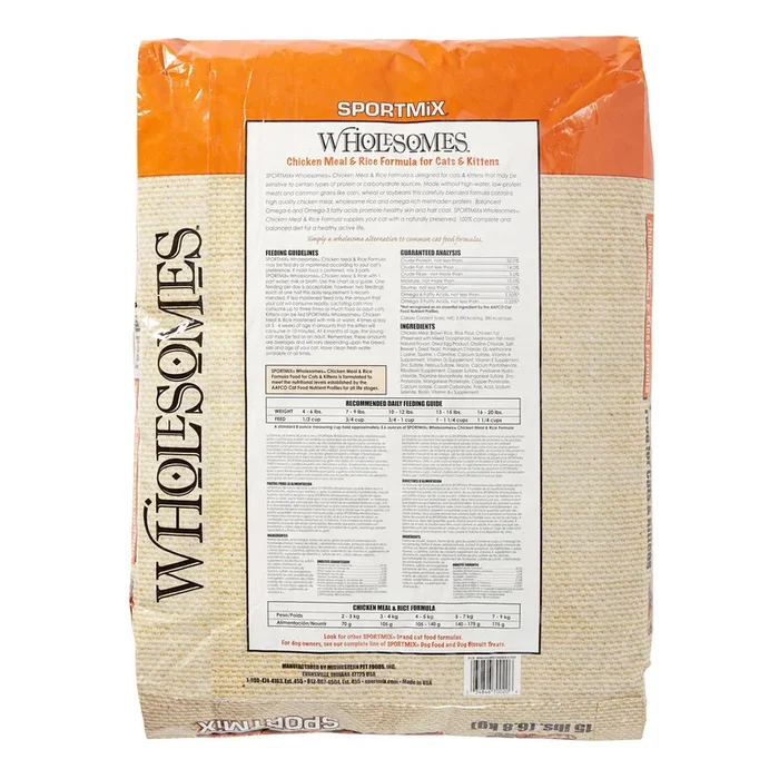 Sportmix Wholesomes Adult Cat and Dog Chicken and Rice Meal – 15 lbs