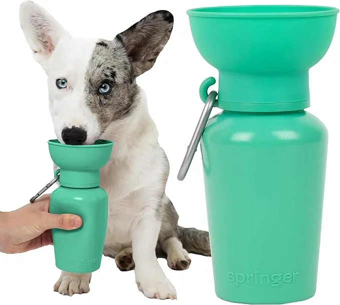 Springer by Springland Flip Portable Dog Water Bottle with Foldable Food Grade Silicone Bowl – 20 Ounce Travel Dog Water Bottle Ideal for Camping – Easy Squeeze Hydration & Release to Drain