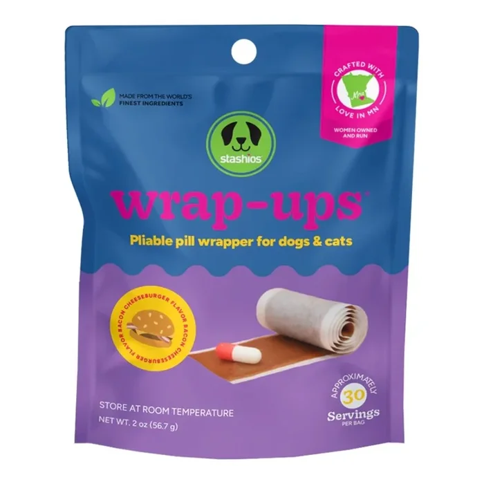 Stashios Wrap-Ups Pill Wrapper Treats for Dogs & Cats Bacon Cheeseburger Flavor 30 Count 2-oz