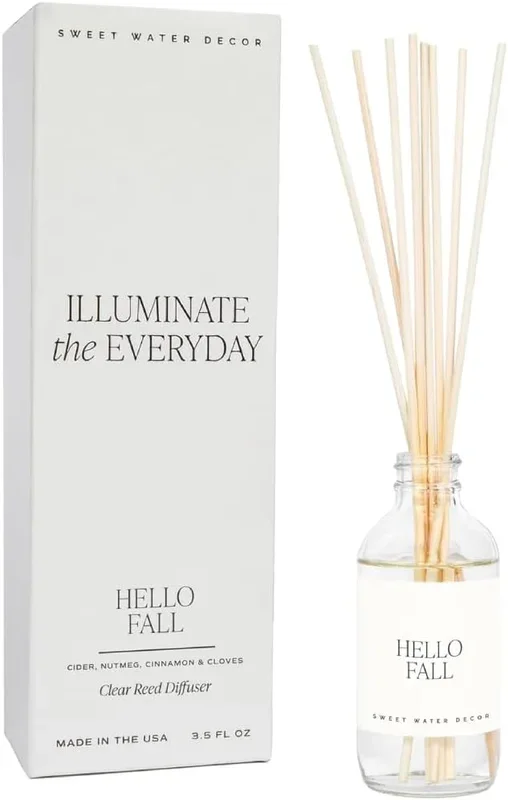 Sweet Water Decor Hello Fall Reed Diffuser Set – Hot Cider, Cinnamon, Cloves, Apple, and Nutmeg Fall Scented Diffuser – Scent Diffusers for Home, Fall Home Long Lasting Fragrance, Made in The USA