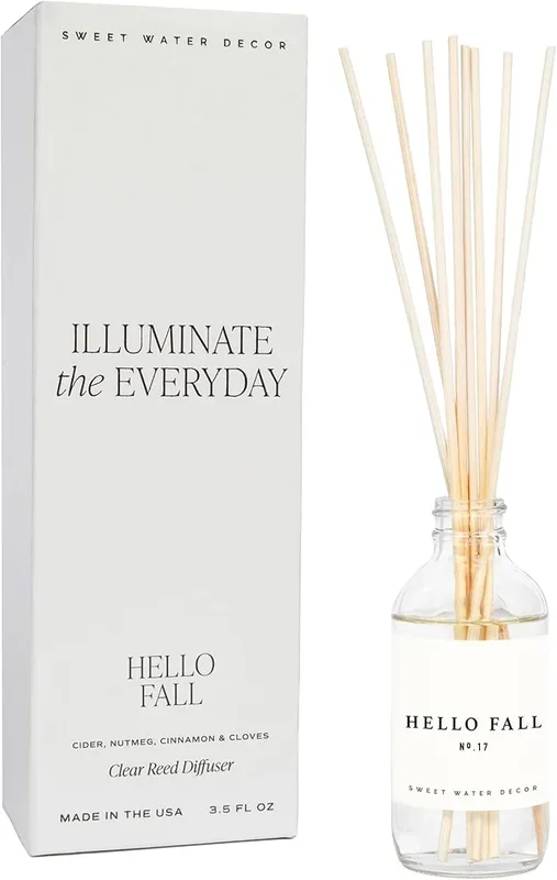 Sweet Water Decor Hello Fall Reed Diffuser Set – Hot Cider, Cinnamon, Cloves, Apple, and Nutmeg Scented Diffuser – Scent Diffusers for Home, Long Lasting Fragrance, Made in The USA