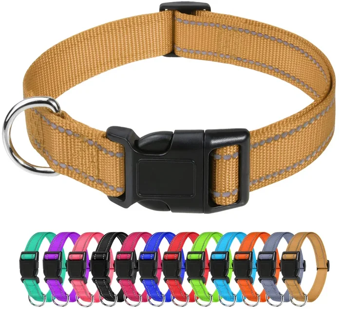 Tagme Reflective Nylon Dog Collars, Adjustable Classic Dog Collar With Quick Release Buckle For Small Dogs, Khaki, 3/4′ Width