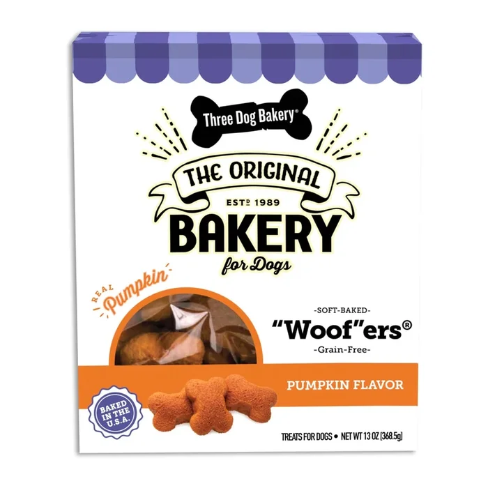 Three Dog Bakery Woofers Grain-Free Soft Baked Cookies Dog Biscuits Treats – Pumpkin – 13 Oz – 6 Pack