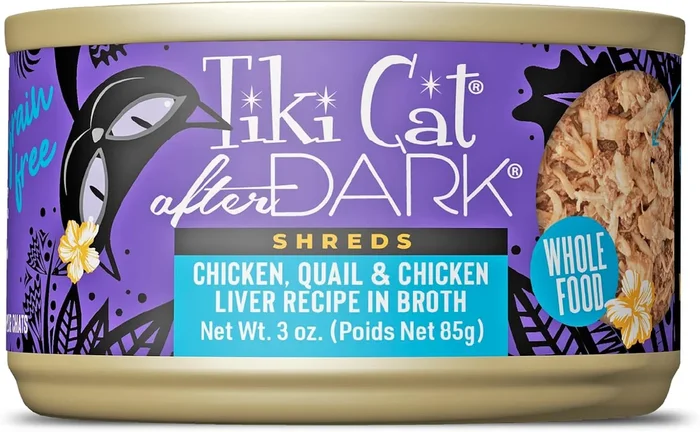 Tiki Cat After Dark Shreds Grain-Free Chicken Quail and Chicken Liver in Broth Adult Canned Cat Food – 3 Oz – Case of 12
