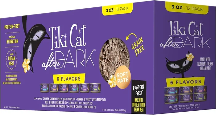 Tiki Cat After Dark Soft Pate Grain-Free Turkey Chicken Beef Quail Lamb Rabbit Duck Canned Cat Food – Variety Pack – 3 Oz – Case of 12
