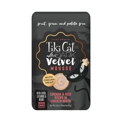 Tiki Cat After Dark Velvet Mousse Grain-Free Chicken and Beef in Broth Wet Cat Food Pouch – 2.8 Oz – Case of 12