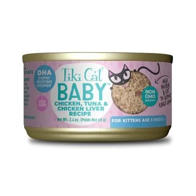 Tiki Cat Baby Grain-Free Chicken Tuna and Chicken Liver Shreds Kitten Canned Cat Food – 2.4 Oz – Case of 12