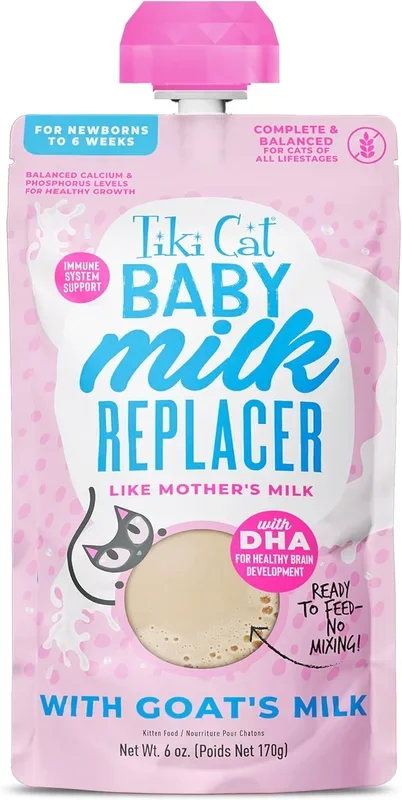 Tiki Cat Baby Milk Replacer with Goats Milk Liquid Kitten Cat Food Supplement Pouch – 6 Oz – Case of 6
