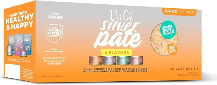 Tiki Cat Silver Pate Grain-Free Chicken Duck Salmon Tuna Mackerel in Broth Senior Adult Canned Cat Food – Variety Pack – 2.4 Oz – Case of 12