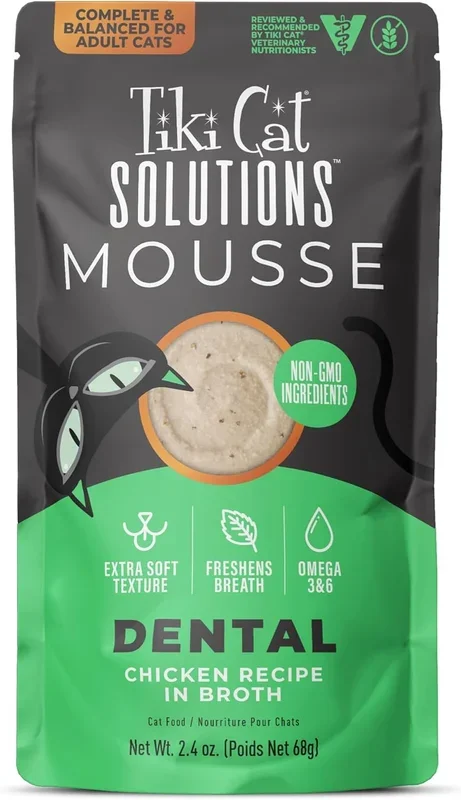Tiki Cat Solutions Mousse Dental Chicken in Broth with Peppermint Adult Wet Cat Food Pouch – 2.4 Oz – Case of 12
