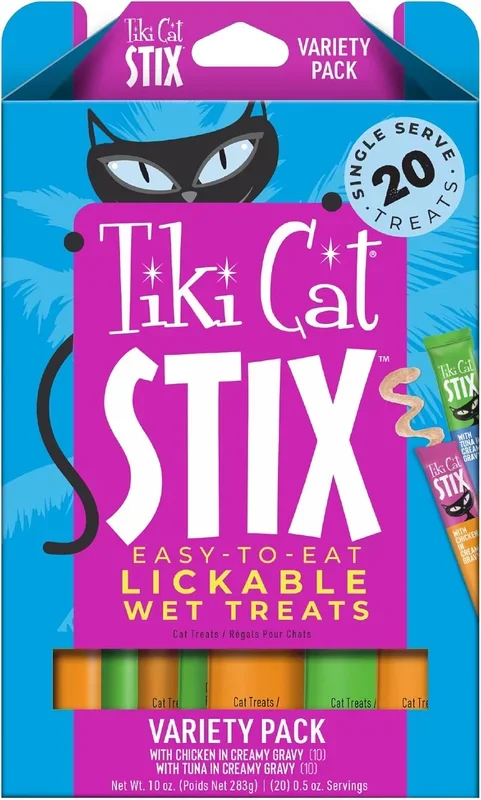 Tiki Cat Stix Chicken and Tuna in Creamy Gravy Single Serve Lickable Soft and Chewy Cat Treats – Variety Pack – .5 Oz – 20 Pack