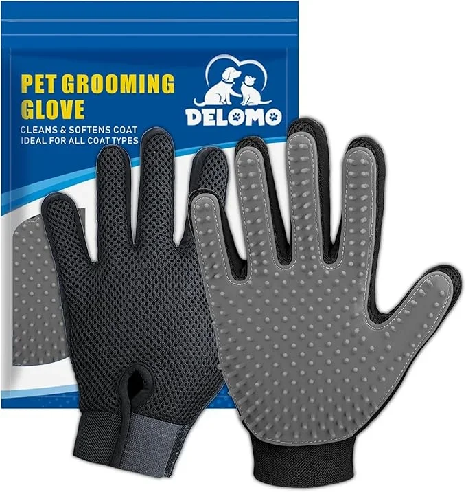 Upgrade Version Pet Grooming Glove – Gentle Deshedding Brush Glove – Efficient Pet Hair Remover Mitt – Enhanced Five Finger Design – Perfect for Dog & Cat with Long & Short Fur – 1 Pair (Gray)