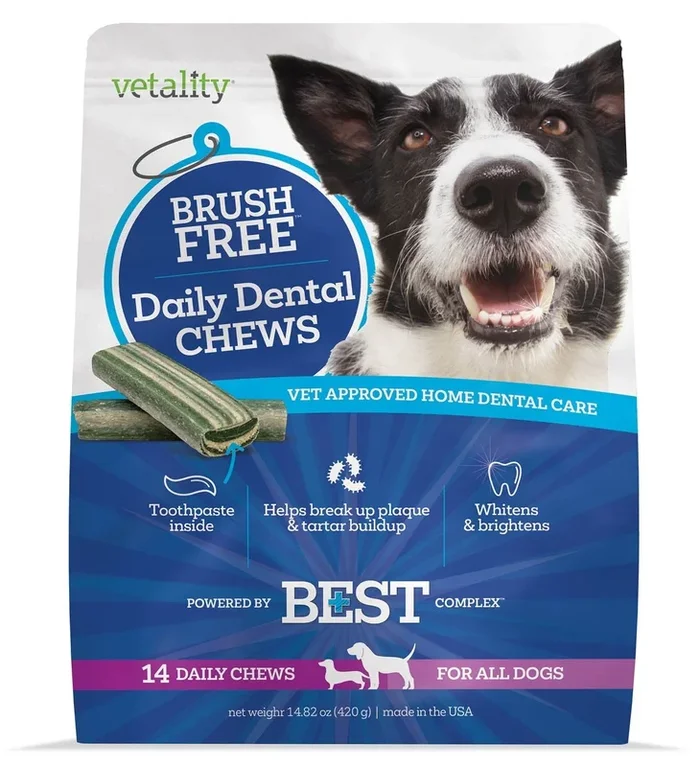 Vetality Brush Free Daily Dental Chews for Dogs, Plaque & Tartar Control, Fresh Breath