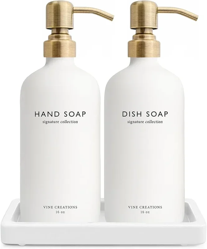 Vine Creations Glass Soap Dispenser Set, Kitchen Soap Dispenser Set with Ceramic Tray, 16 oz Dish Soap and Hand Soap Dispenser Set with Stainless Steel Pump Decor (White Bottle/Brushed Brass)