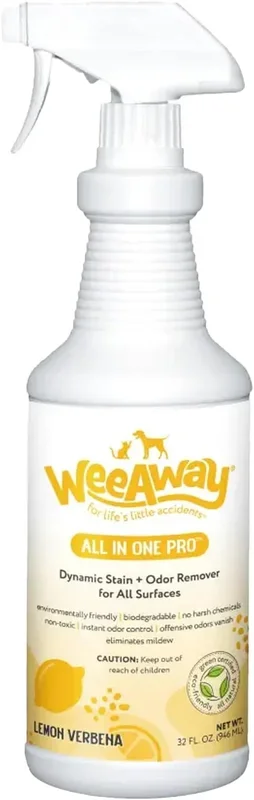 Wee Away Pet Stain and Odor Remover Spray, Biodegradable Enzyme Cleaner for Dog and Cat Urine, Poop, Diarrhea, & Vomit, For Carpets, Upholstery, Cages, Litter Boxes (32 oz) (Lemon Verbena)
