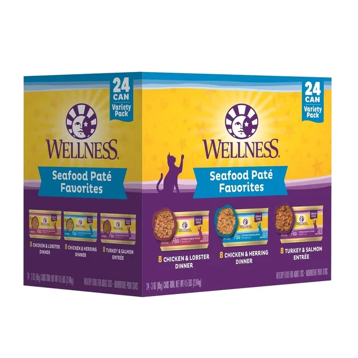Wellness Complete Health Seafood Pate Favorites Chicken Lobster Herring Salmon and Turkey Canned Cat Food – Variety Pack – 3 Oz – Case of 12 – 2 Pack