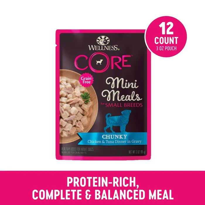 Wellness Core Mini Meals Chunky Chicken and Tuna in Gravy Small-Breed Wet Dog Food Pouch – Variety Pack – 3 Oz – Case of 12 – 2 Pack