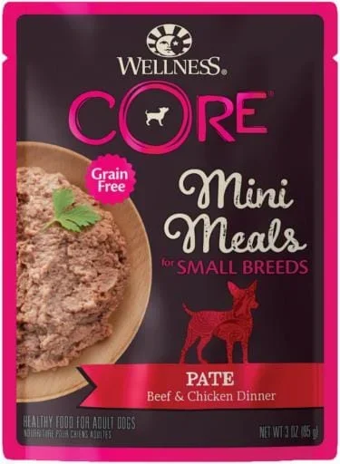 Wellness Core Mini Meals Grain-Free Beef and Chicken Pate Small-Breed Adult Wet Dog Food Pouch – 3 Oz – Case of 12
