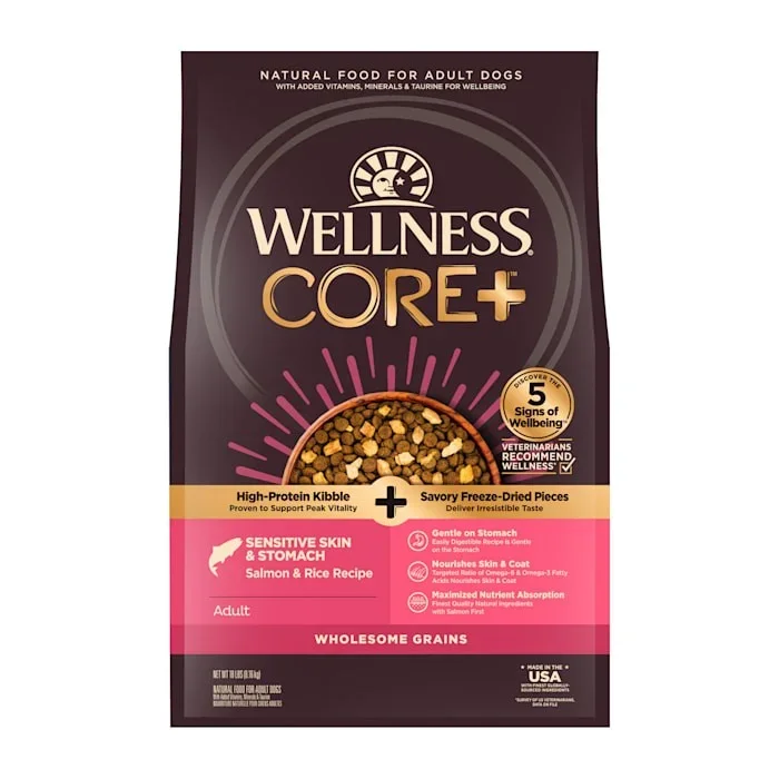 Wellness CORE+ Sensitive Skin and Stomach Wholesome Grains Salmon and Rice Adult Freeze-Dried Pieces and Dry Dog Food – 18 Lbs