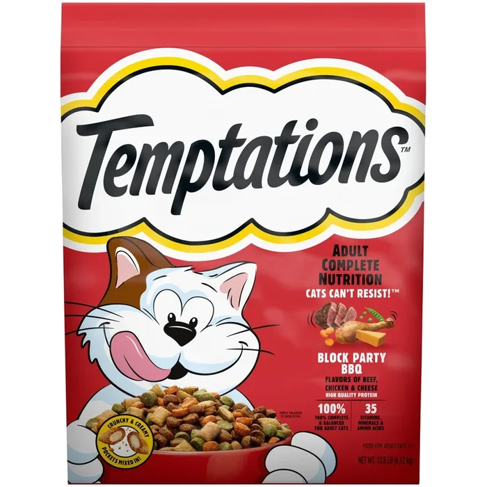 Whiskas Temptations Block Party BBQ with Beef Chicken and Cheese Crunch and Creamy Adult Dry Cat Food – 13.5 Lbs
