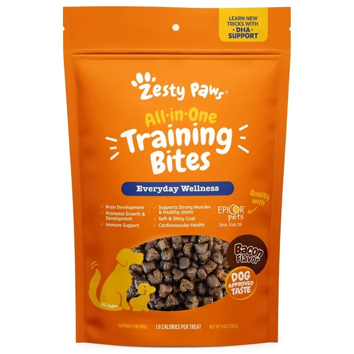 Zesty Paws All-in-1 Everyday Health Training Bites Peanut Butter Flavor Omega-3 Soft and Chewy Dog Treats – 8 Oz