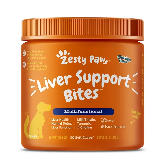 Zesty Paws Liver Support Bites Multifunctional Chicken Flavor Soft Chew Dog Supplements – 90 Count