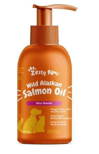 Zesty Paws Omega-3 Skin and Coat Wild Alaskan Salmon Oil Cat and Dog Liquid Supplement – 8 Oz