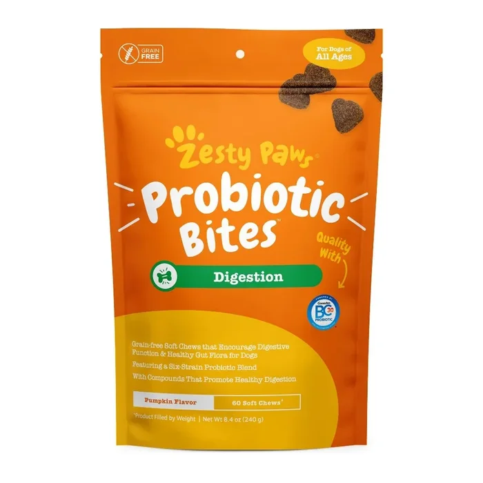Zesty Paws Probiotic Bites Gut Health Pumpkin Flavored Supplemental Soft and Chewy Dog Treats – 60 Count
