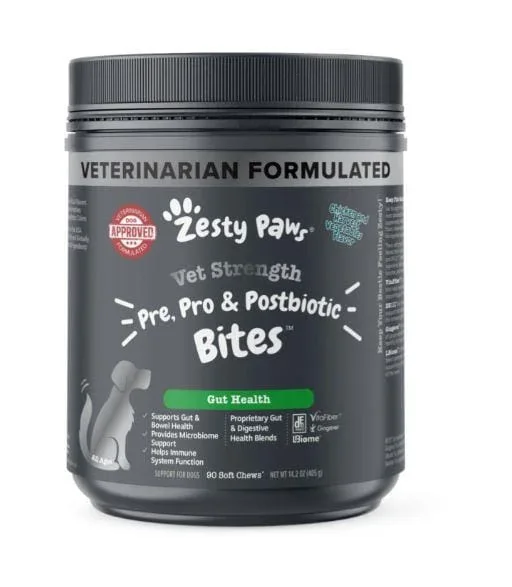 Zesty Paws Vet-Strength Pre-Post and Probiotic Bites Gut Health Support Chicken Flavor Soft Chew Dog Supplements – 90 Count