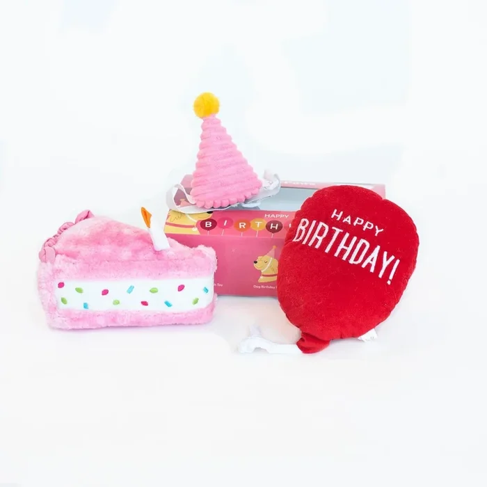 Zippy Paws Birthday Box Display Plush Dog Toy Set – Pink – 3 Piece