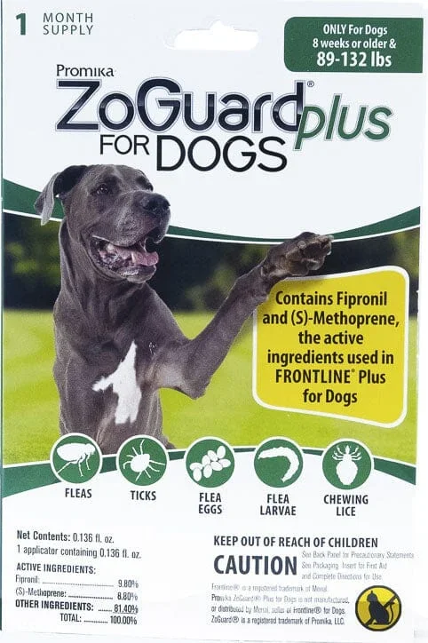 Zoguard Plus Spot-On Singles Flea and Tick for Dogs – 89 – 132 Lbs – 1 Pack
