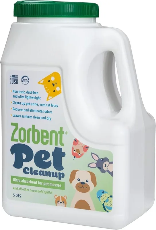 Zorbent Pet Accident Cleanup – Odor Remover for Dog & Cat Messes. Absorbs 1 Gallon. Pet-Safe Cleaner for Urine, Vomit, Poop & Accidents on Hardwood, Tile, Vinyl, Concrete, Short Carpet & Rugs, 5 qt