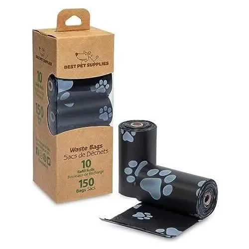 最佳宠物用品垃圾袋 – 10 15 卷(150 袋)黑色带白色爪子